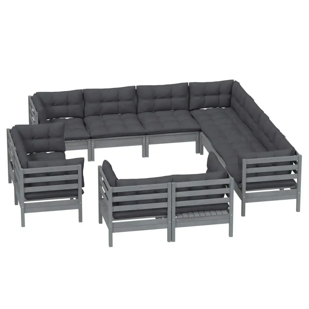 11 Piece Garden Lounge Set with Cushions Grey Solid Pinewood 3096937