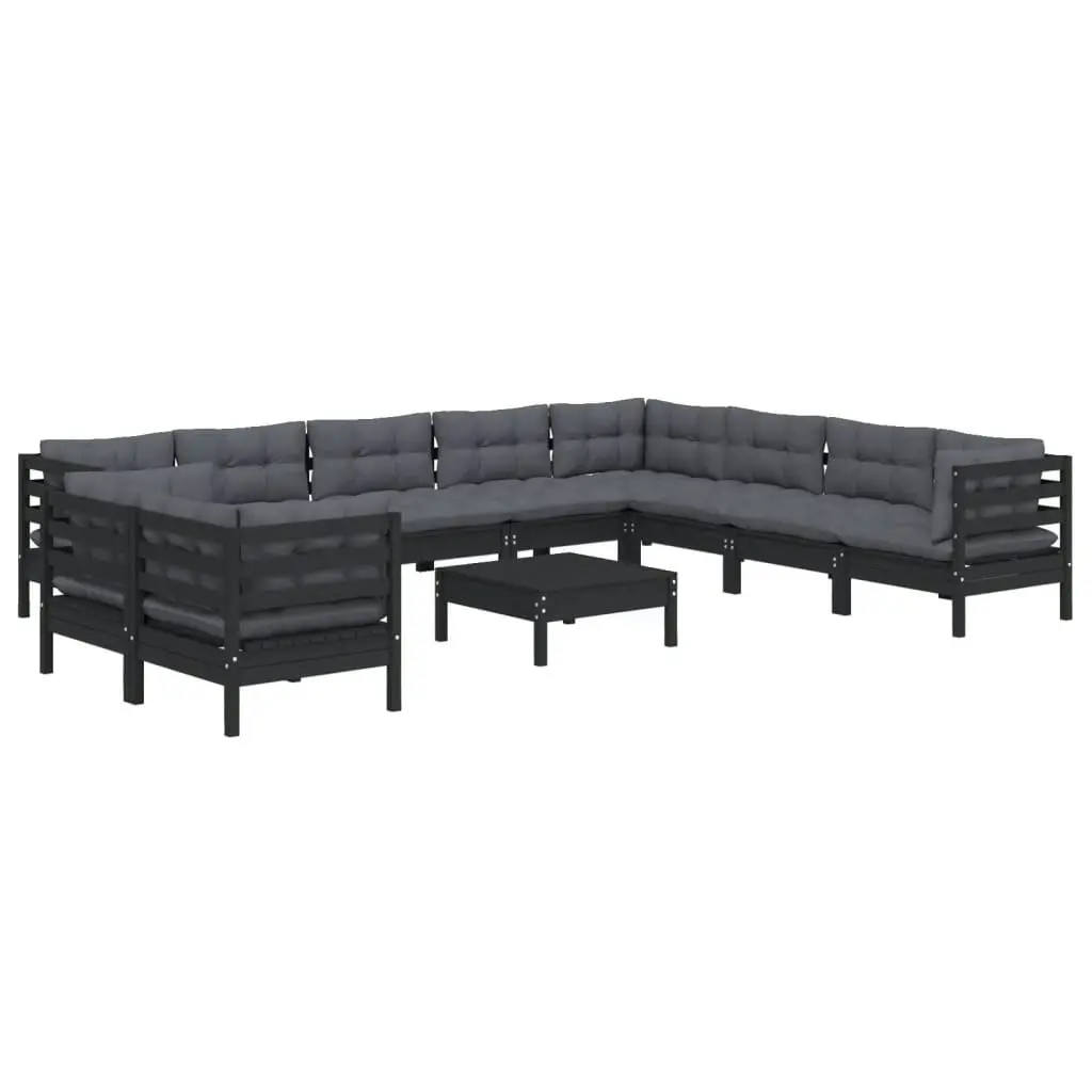 11 Piece Garden Lounge Set with Cushions Black Solid Pinewood 3096921