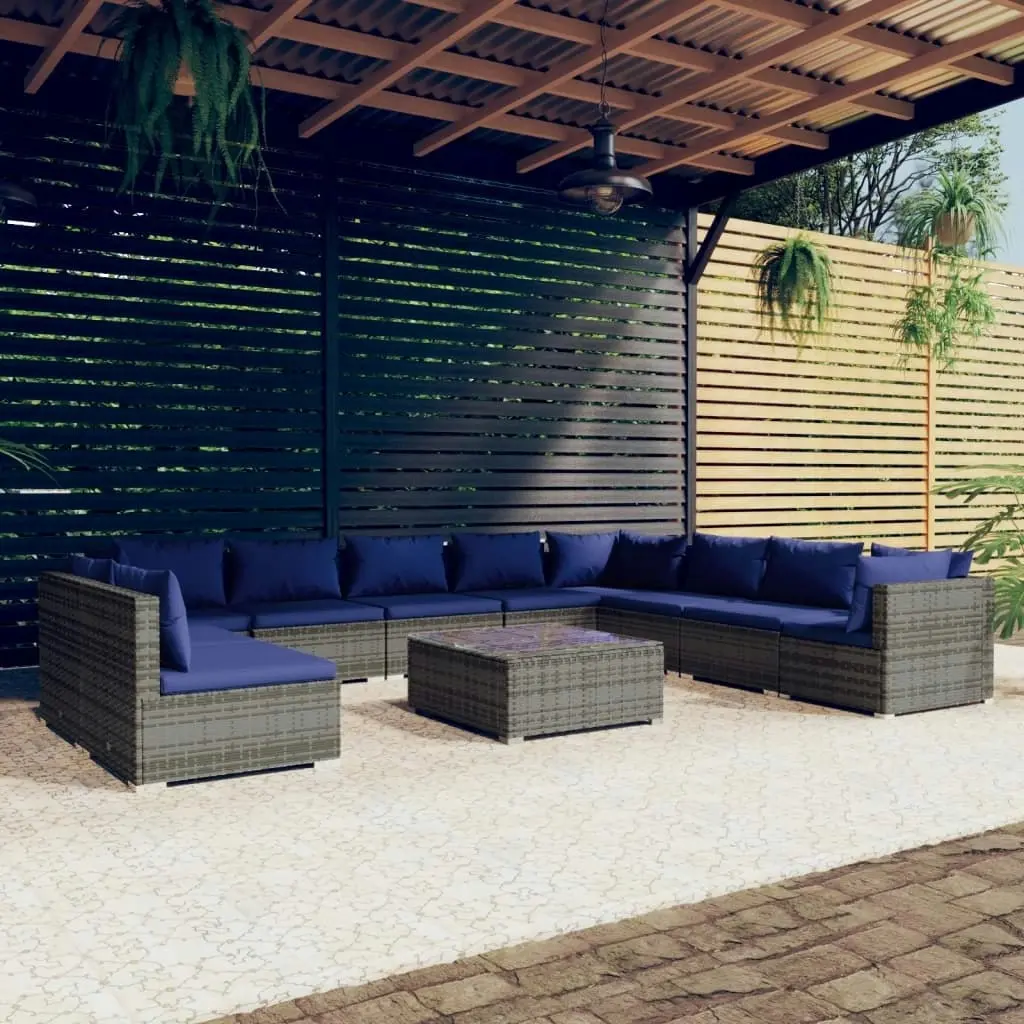 11 Piece Garden Lounge Set with Cushions Grey Poly Rattan 3102446