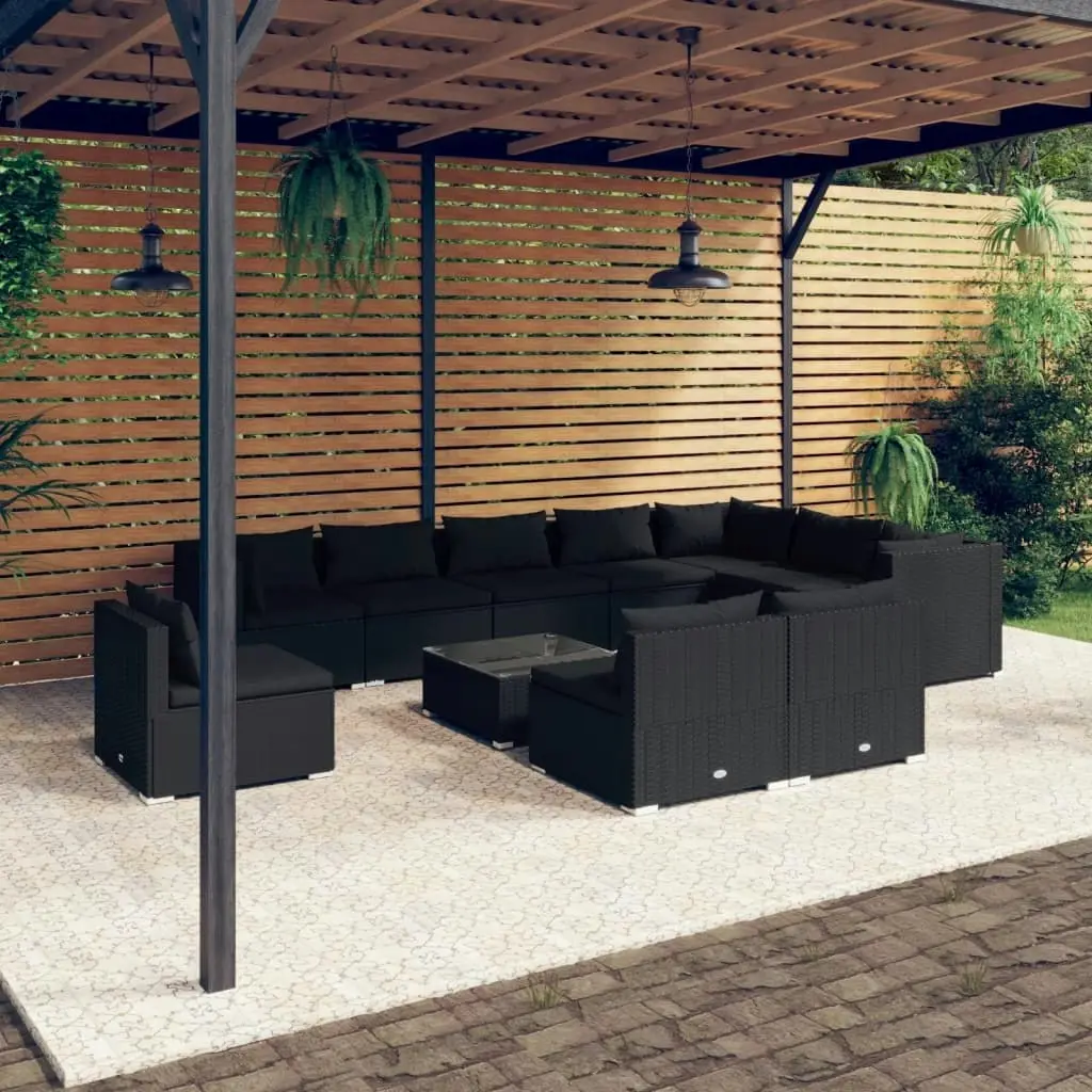 11 Piece Garden Lounge Set with Cushions Poly Rattan Black 3102600