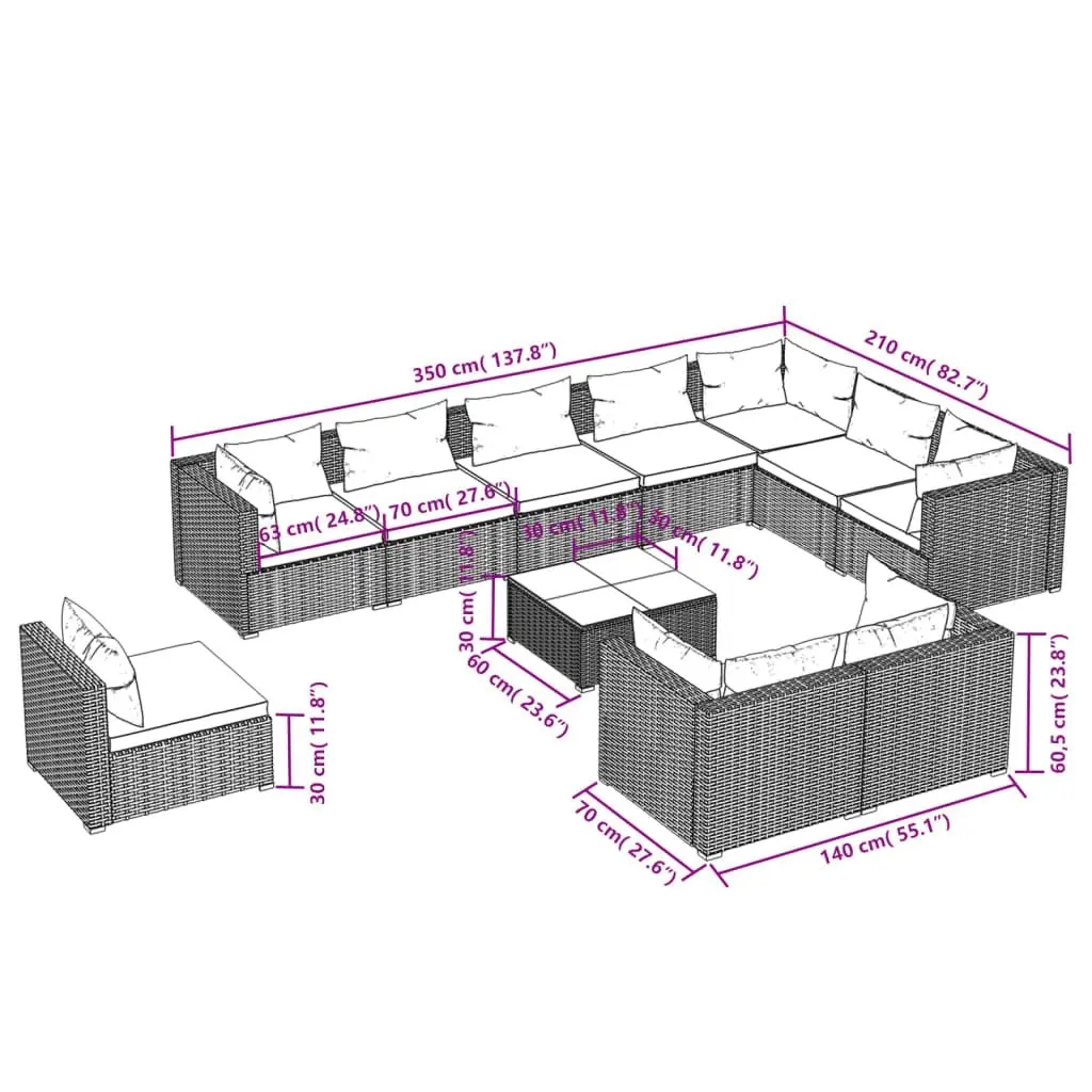 11 Piece Garden Lounge Set with Cushions Poly Rattan Black 3102664