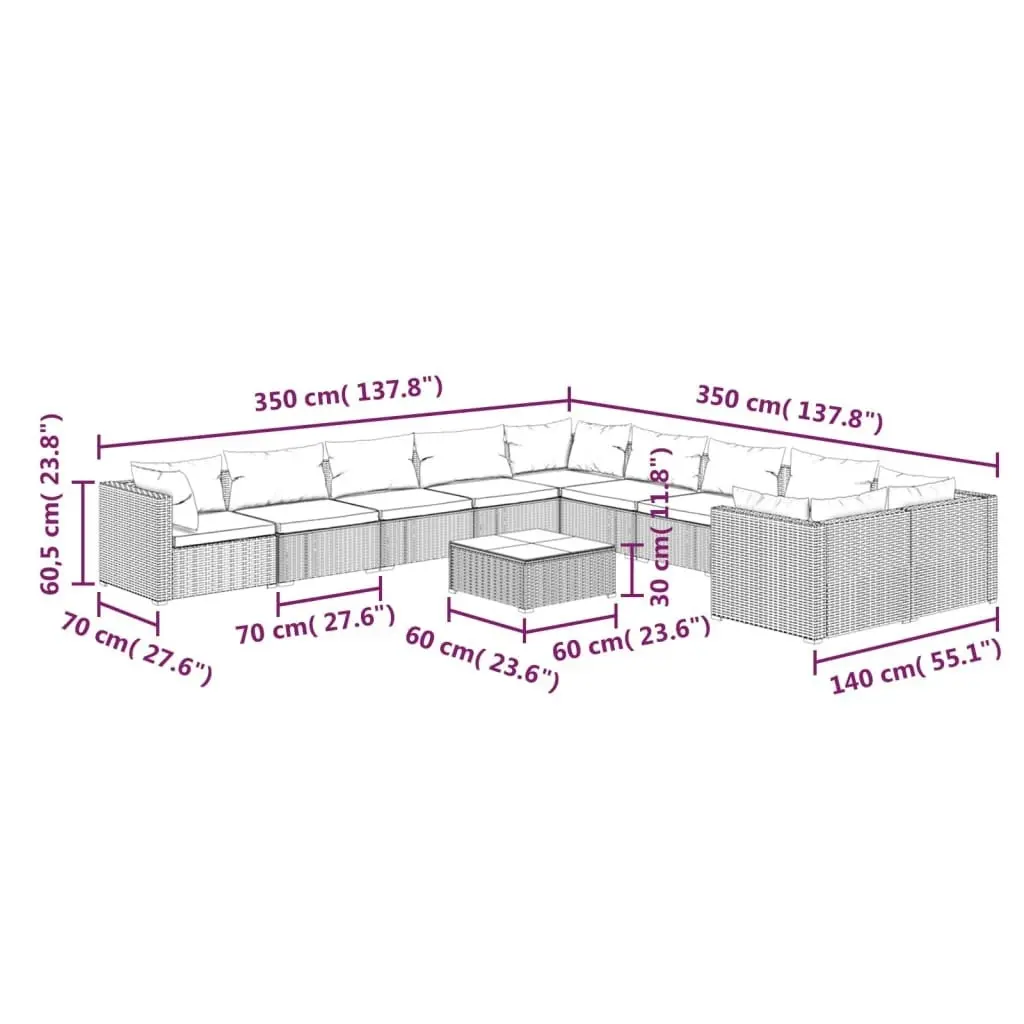 11 Piece Garden Lounge Set with Cushions Poly Rattan Brown 3102803