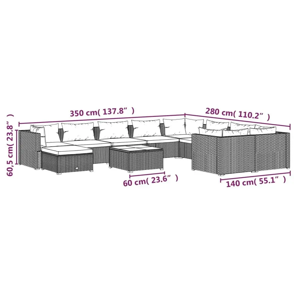 11 Piece Garden Lounge Set with Cushions Poly Rattan Grey 3102694