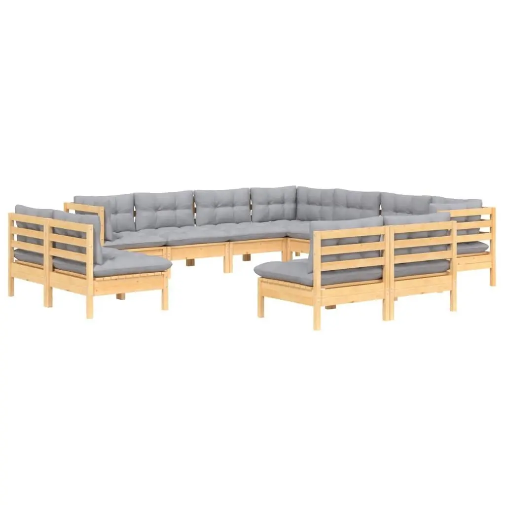 11 Piece Garden Lounge Set with Grey Cushions Solid Pinewood 3096862