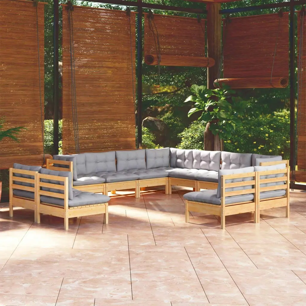 11 Piece Garden Lounge Set with Grey Cushions Solid Pinewood 3096862