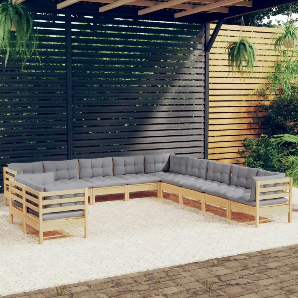 11 Piece Garden Lounge Set with Grey Cushions Solid Pinewood 3096922