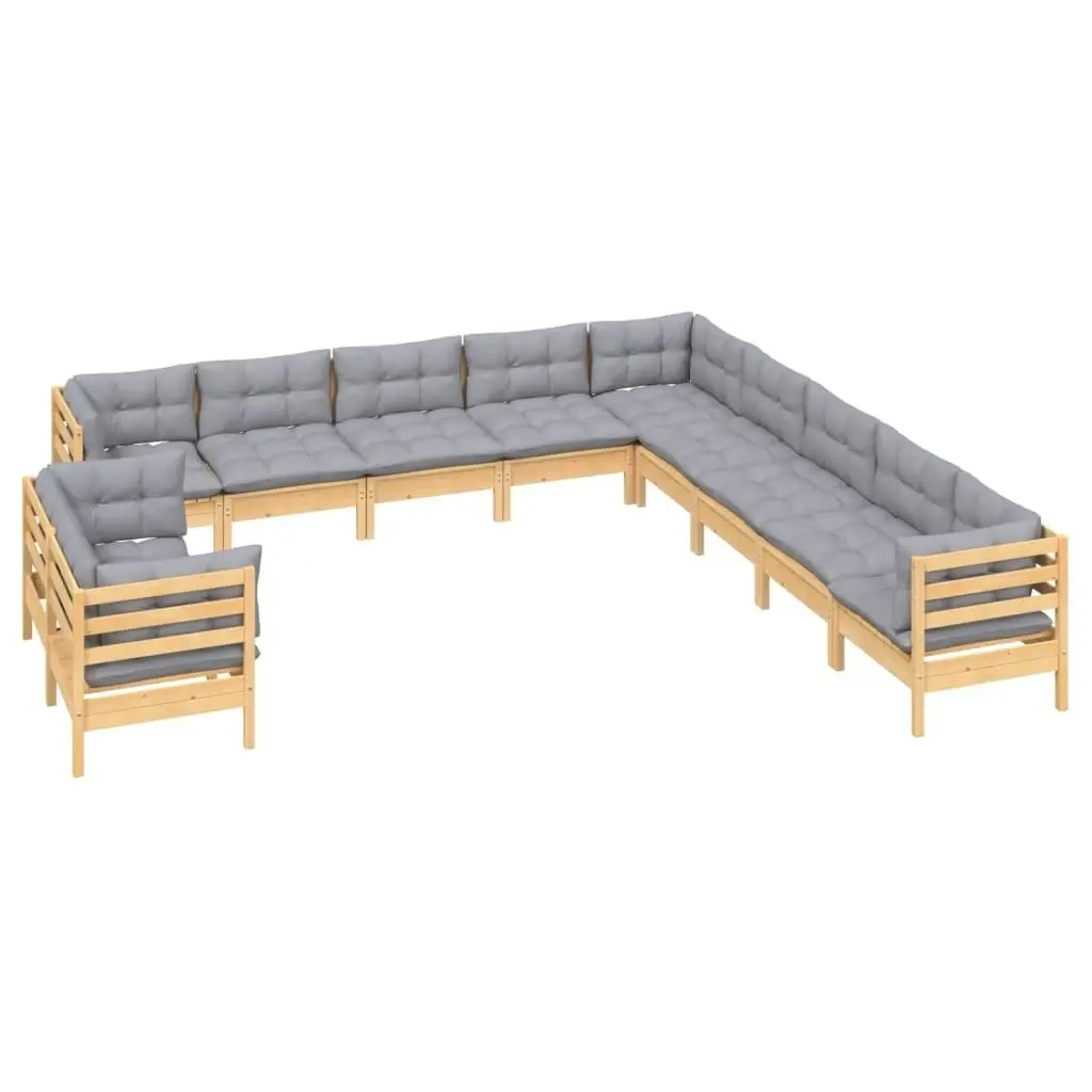 11 Piece Garden Lounge Set with Grey Cushions Solid Pinewood 3096922