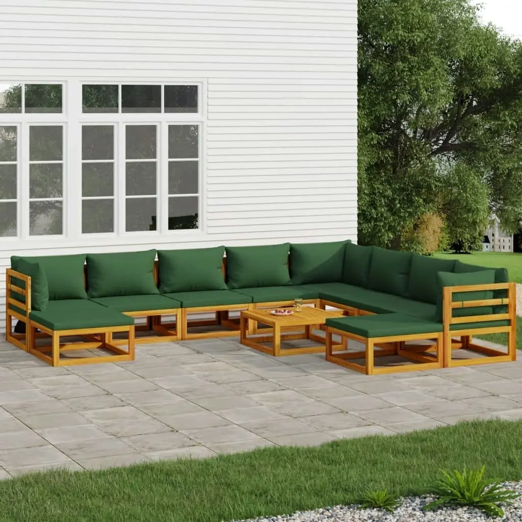 11 Piece Garden Lounge Set with Green Cushions Solid Wood 3155324