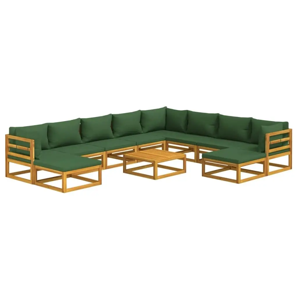 11 Piece Garden Lounge Set with Green Cushions Solid Wood 3155324