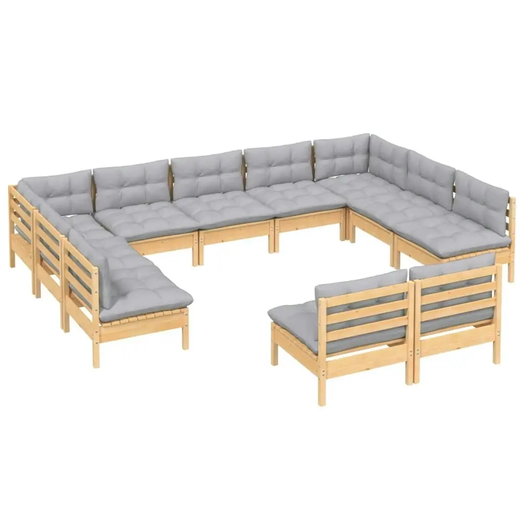 11 Piece Garden Lounge Set with Grey Cushions Solid Pinewood 3097210