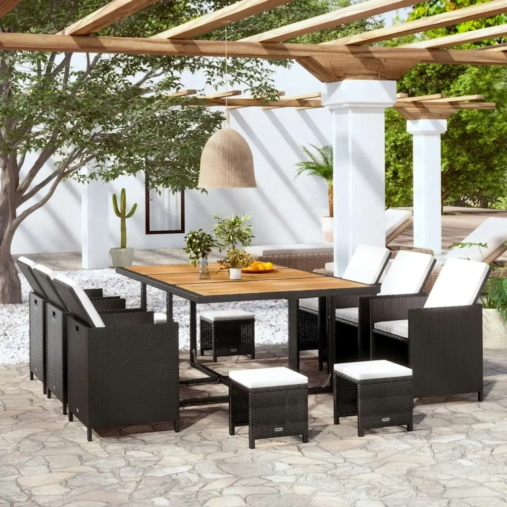 11 Piece Outdoor Dining Set Poly Rattan and Acacia Wood Black 42531