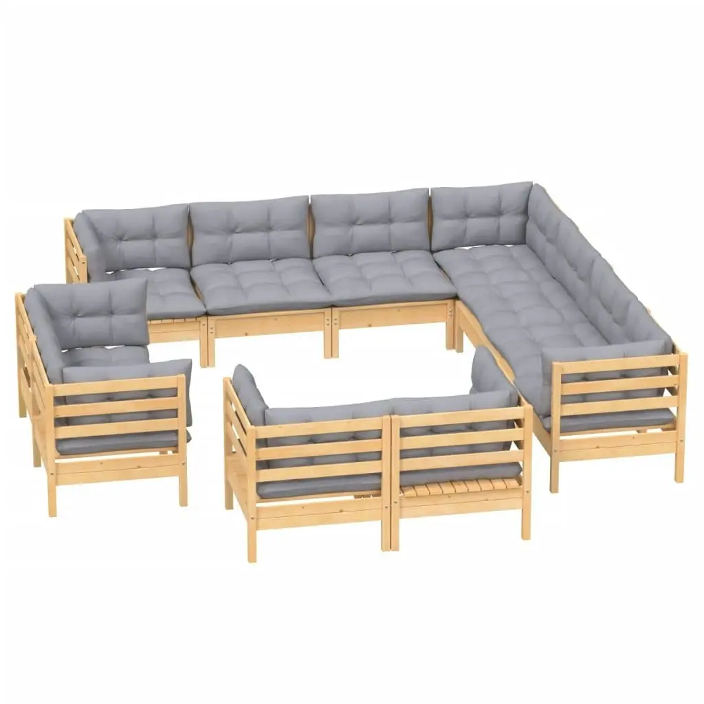 11 Piece Garden Lounge Set with Grey Cushions Solid Pinewood 3096934