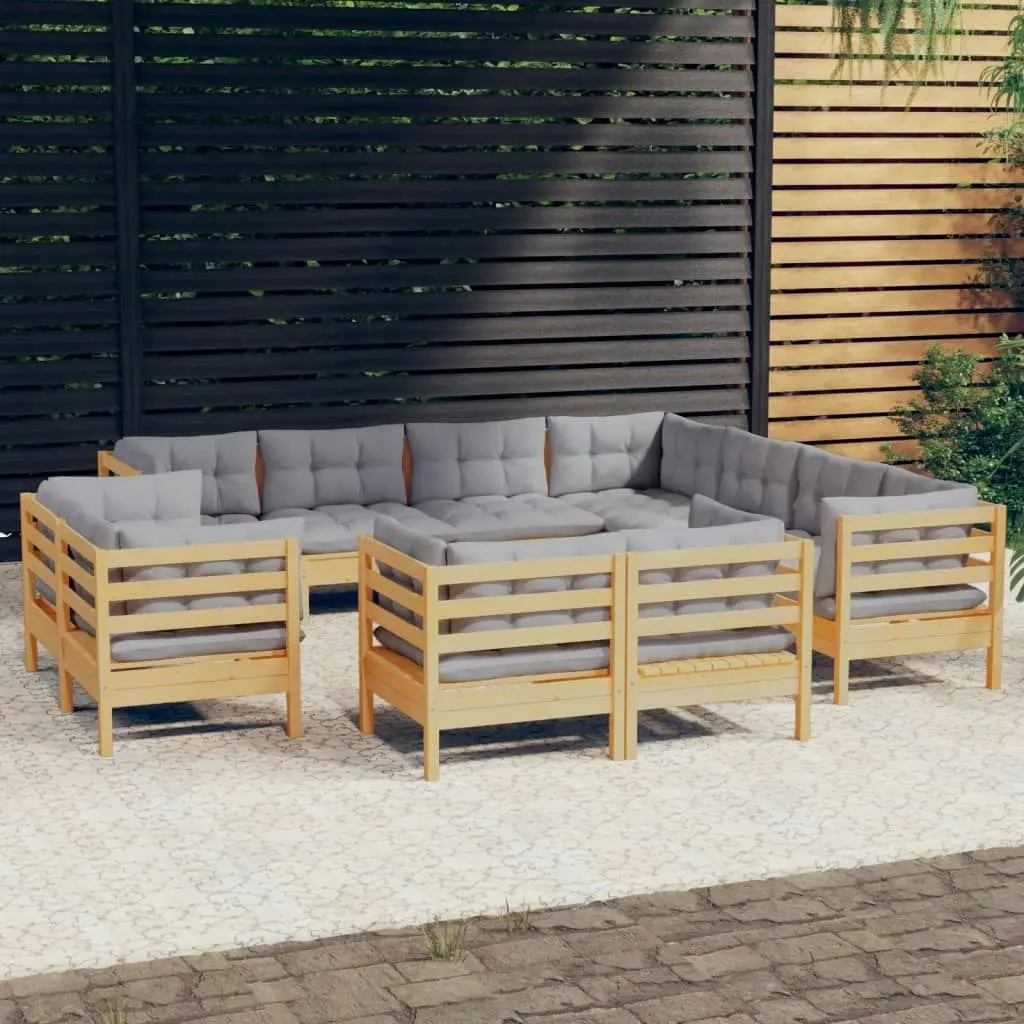 11 Piece Garden Lounge Set with Grey Cushions Solid Pinewood 3096934