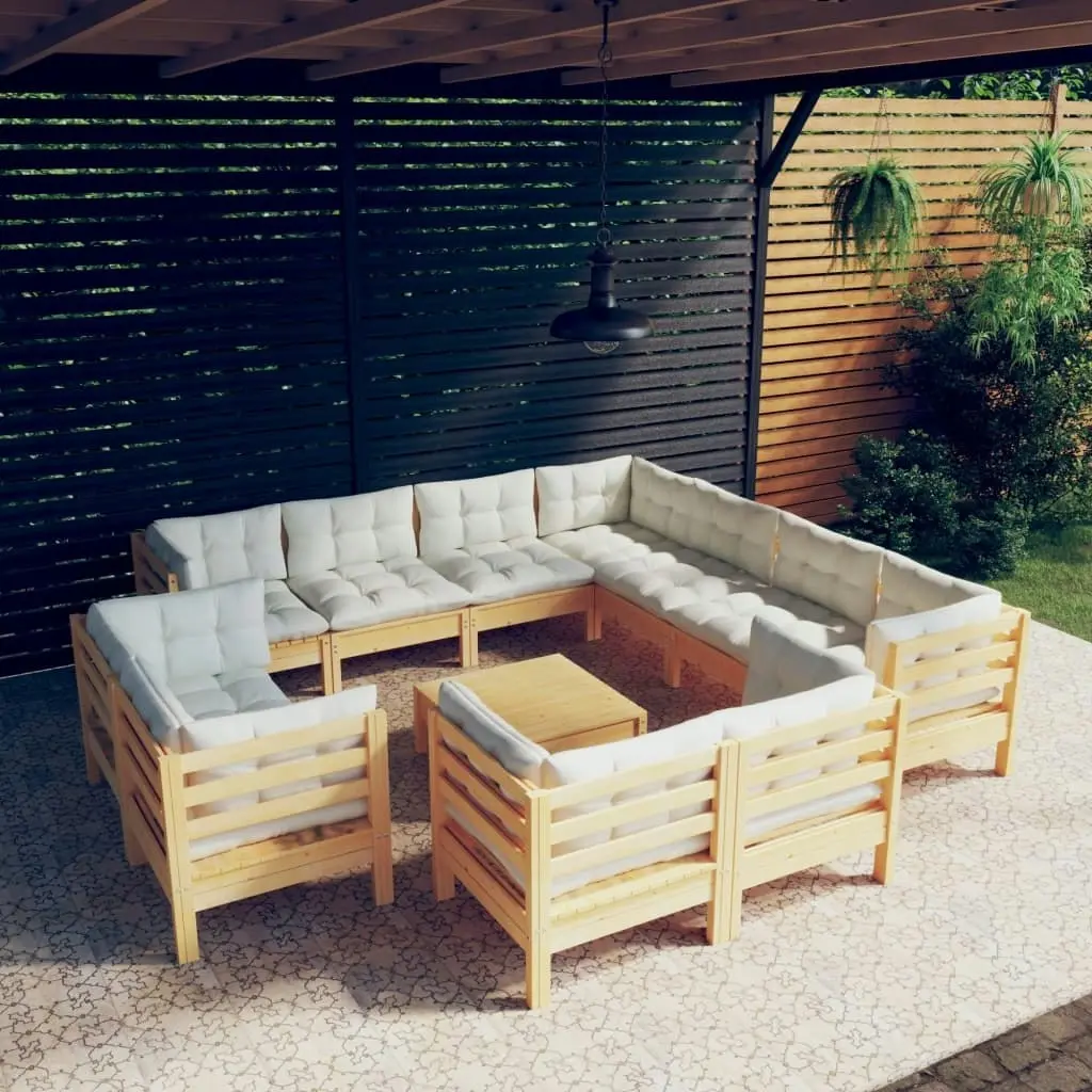 12 Piece Garden Lounge Set with Cream Cushions Solid Pinewood 3096941