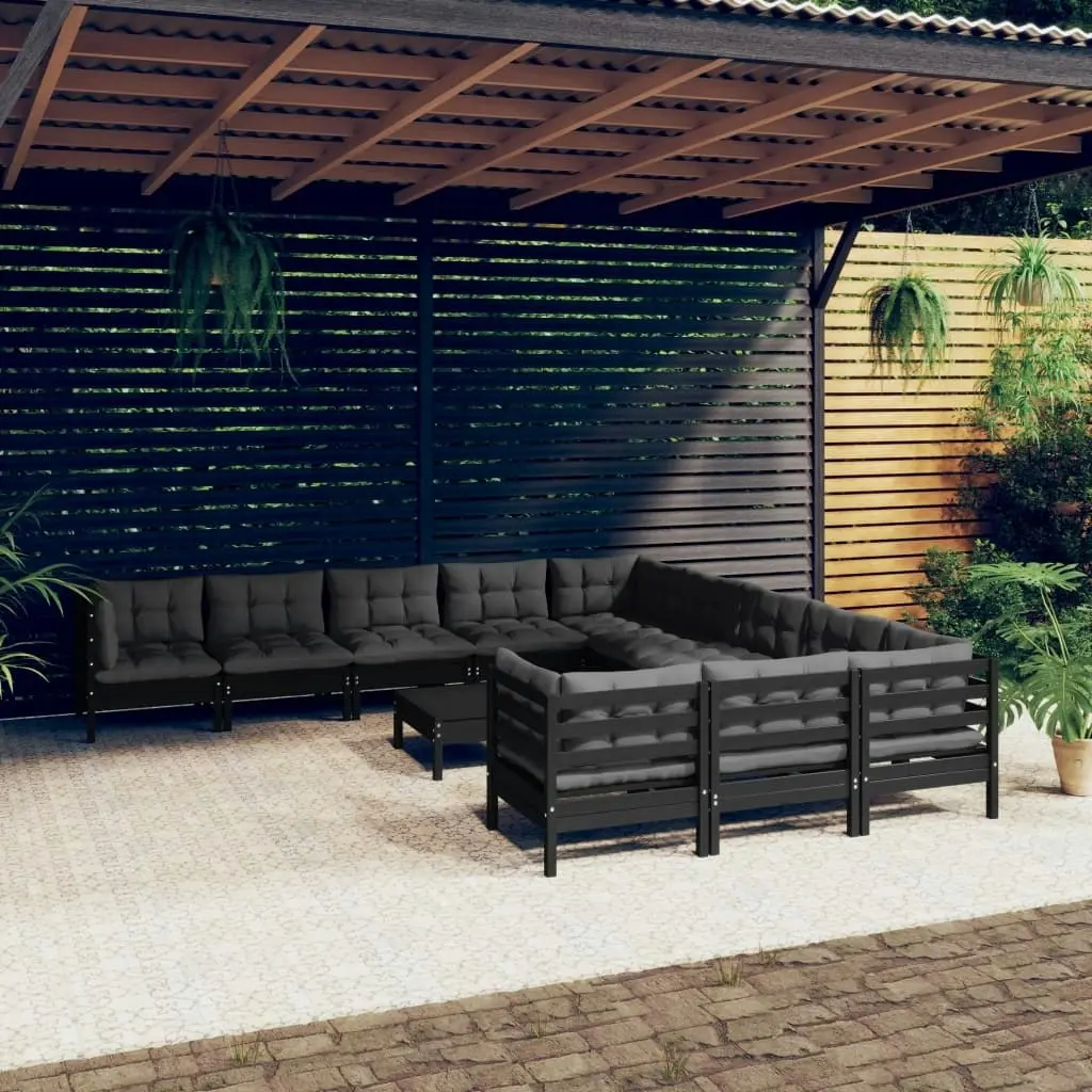 12 Piece Garden Lounge Set with Cushions Black Pinewood 3097029