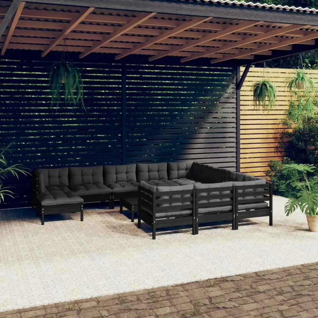 12 Piece Garden Lounge Set with Cushions Black Pinewood 3097053