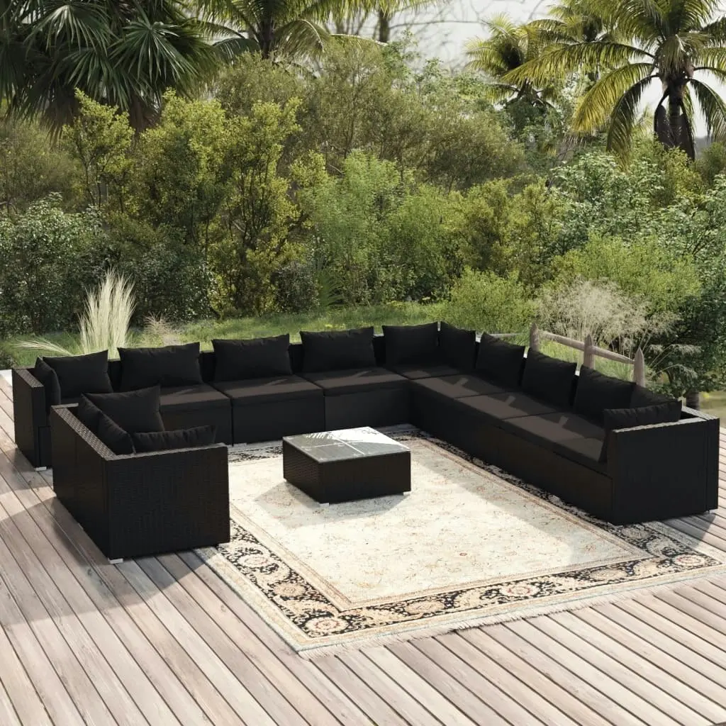 12 Piece Garden Lounge Set with Cushions Black Poly Rattan 3102536