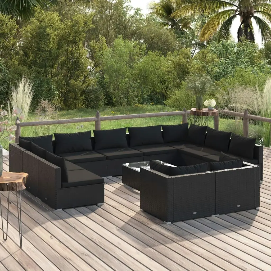 12 Piece Garden Lounge Set with Cushions Black Poly Rattan 3102080