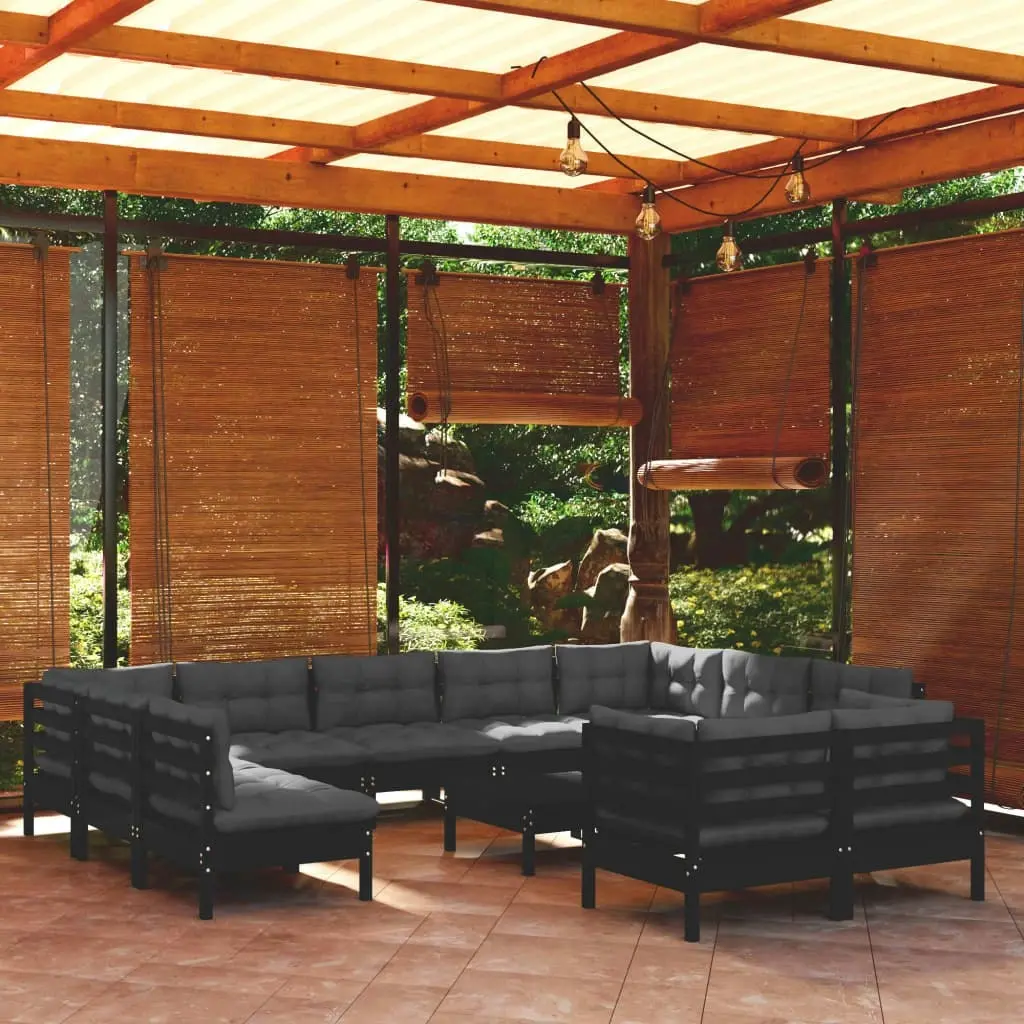 12 Piece Garden Lounge Set with Cushions Black Solid Pinewood 3097269