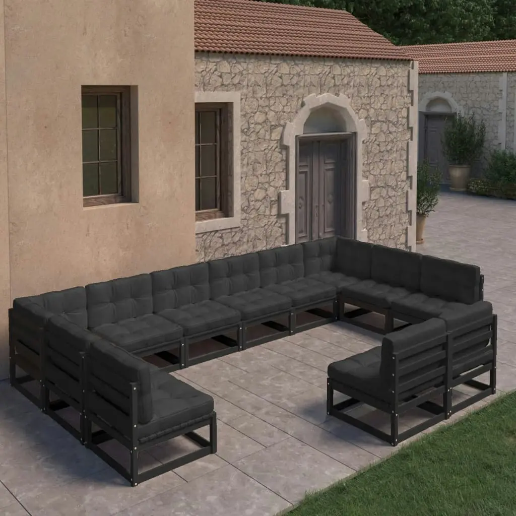 12 Piece Garden Lounge Set with Cushions Black Solid Pinewood 3077238