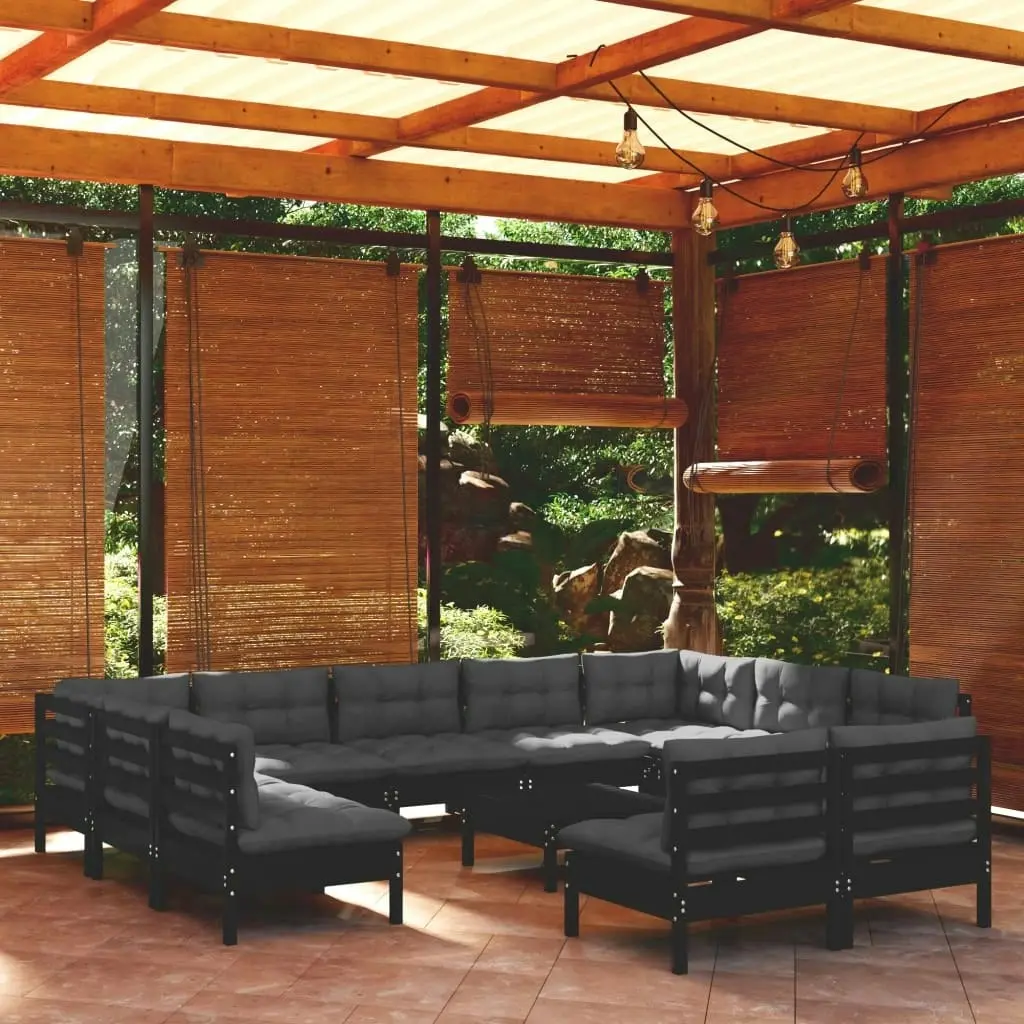 12 Piece Garden Lounge Set with Cushions Black Solid Pinewood 3097221