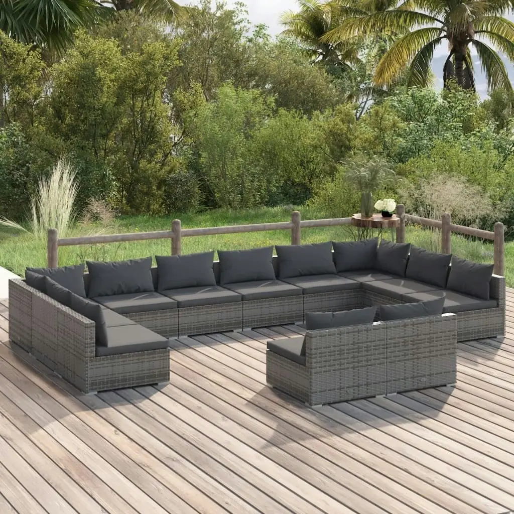 12 Piece Garden Lounge Set with Cushions Grey Poly Rattan 3102141