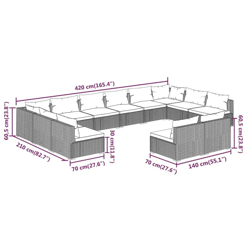 12 Piece Garden Lounge Set with Cushions Grey Poly Rattan 3102141