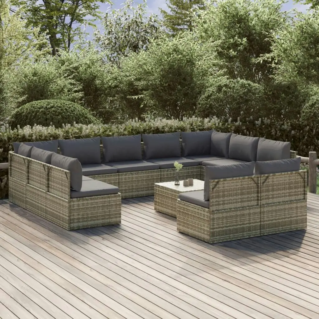 12 Piece Garden Lounge Set with Cushions Grey Poly Rattan 3157346