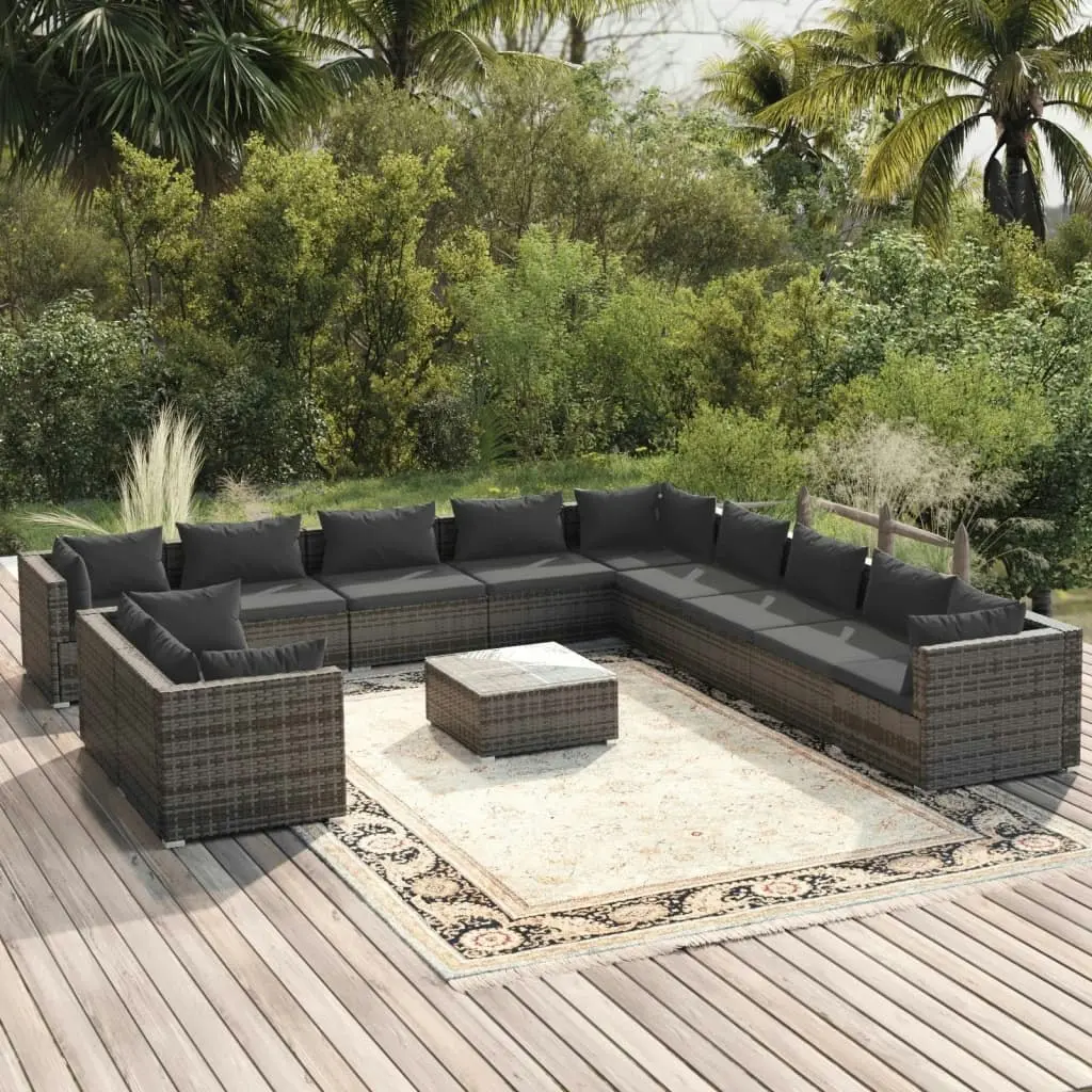 12 Piece Garden Lounge Set with Cushions Grey Poly Rattan 3102541