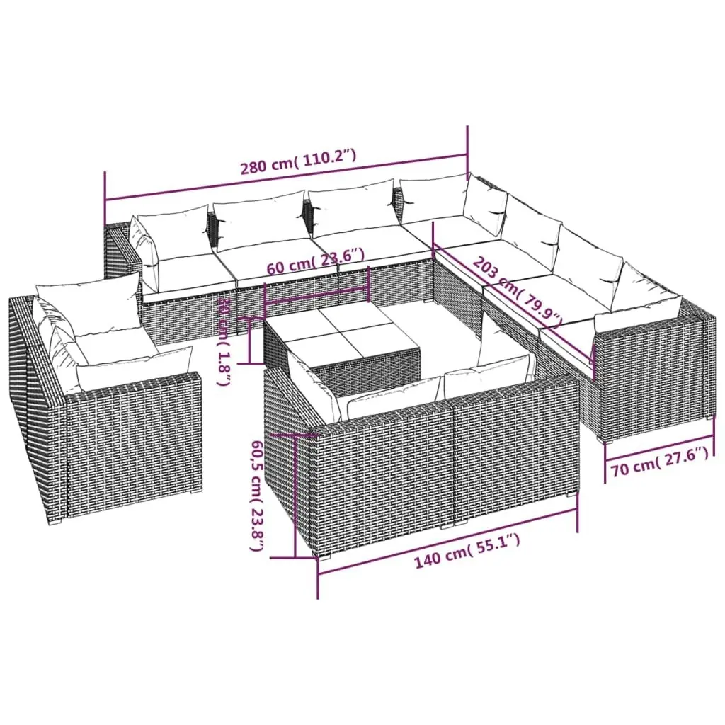 12 Piece Garden Lounge Set with Cushions Brown Poly Rattan 3102882