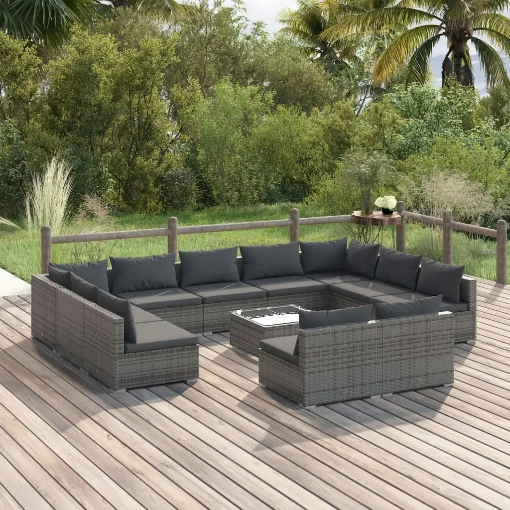 12 Piece Garden Lounge Set with Cushions Grey Poly Rattan 3102133