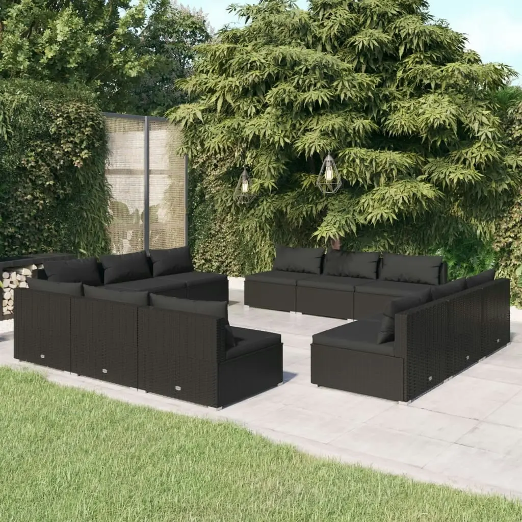 12 Piece Garden Lounge Set with Cushions Poly Rattan Black 3101568