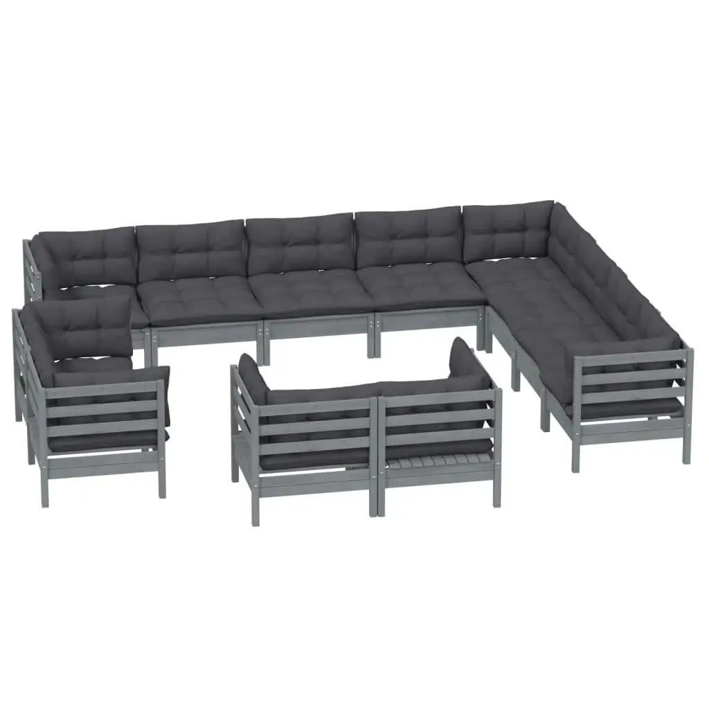 12 Piece Garden Lounge Set with Cushions Grey Solid Pinewood 3096949