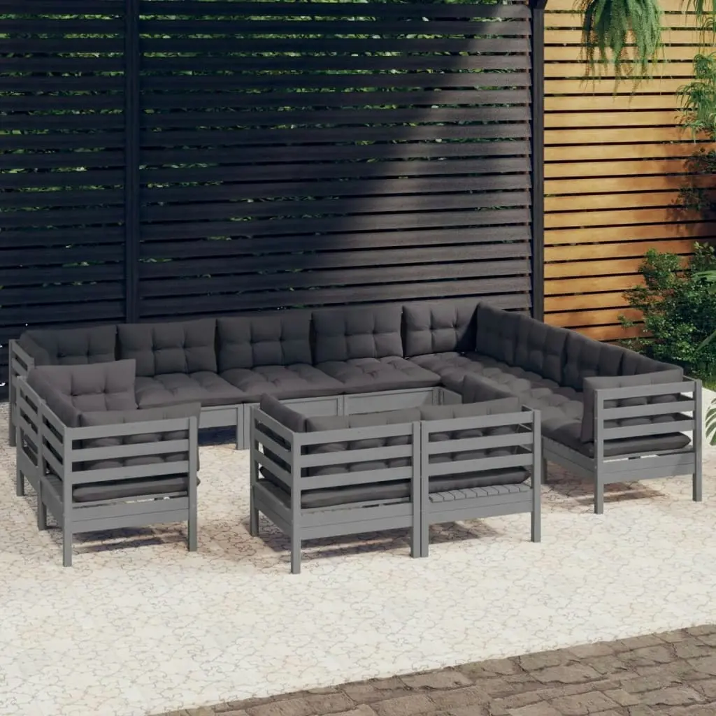 12 Piece Garden Lounge Set with Cushions Grey Solid Pinewood 3096949