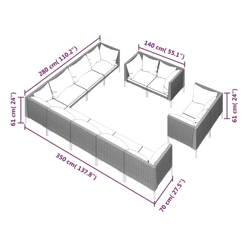 12 Piece Garden Lounge Set with Cushions Poly Rattan Dark Grey 3099904