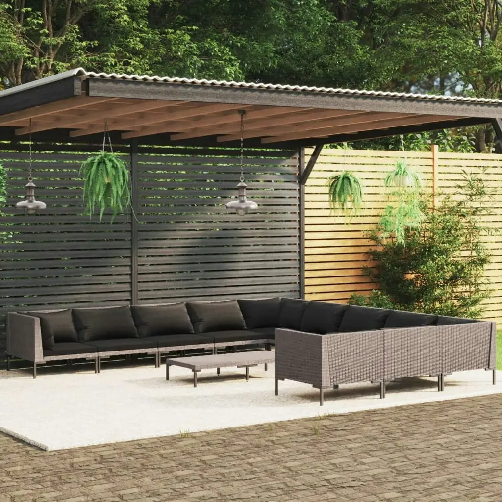 12 Piece Garden Lounge Set with Cushions Poly Rattan Dark Grey 3099917