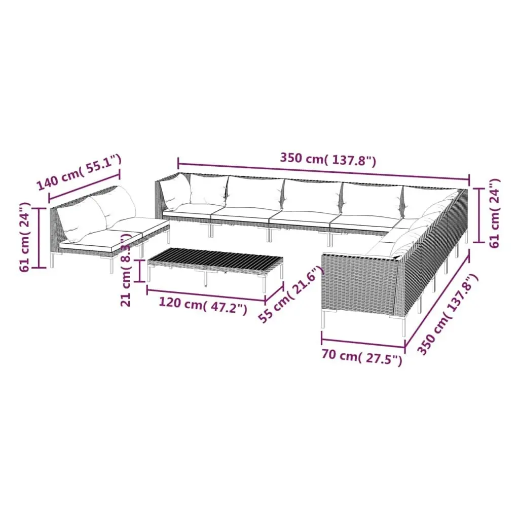 12 Piece Garden Lounge Set with Cushions Poly Rattan Dark Grey 3099891