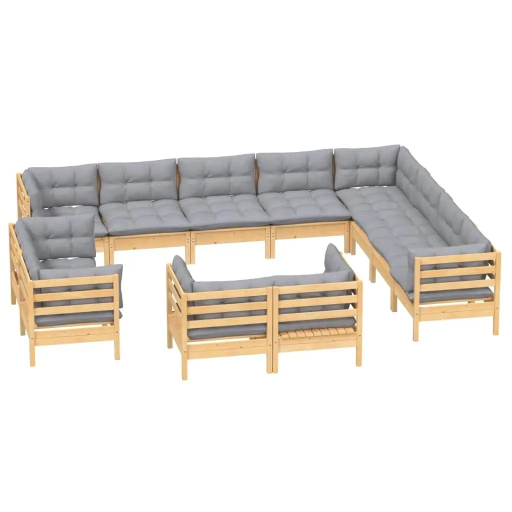 12 Piece Garden Lounge Set with Grey Cushions Solid Pinewood 3096946