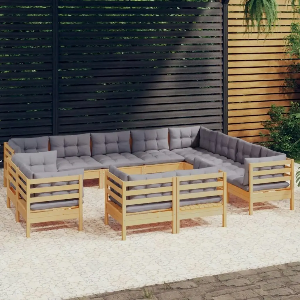 12 Piece Garden Lounge Set with Grey Cushions Solid Pinewood 3096946