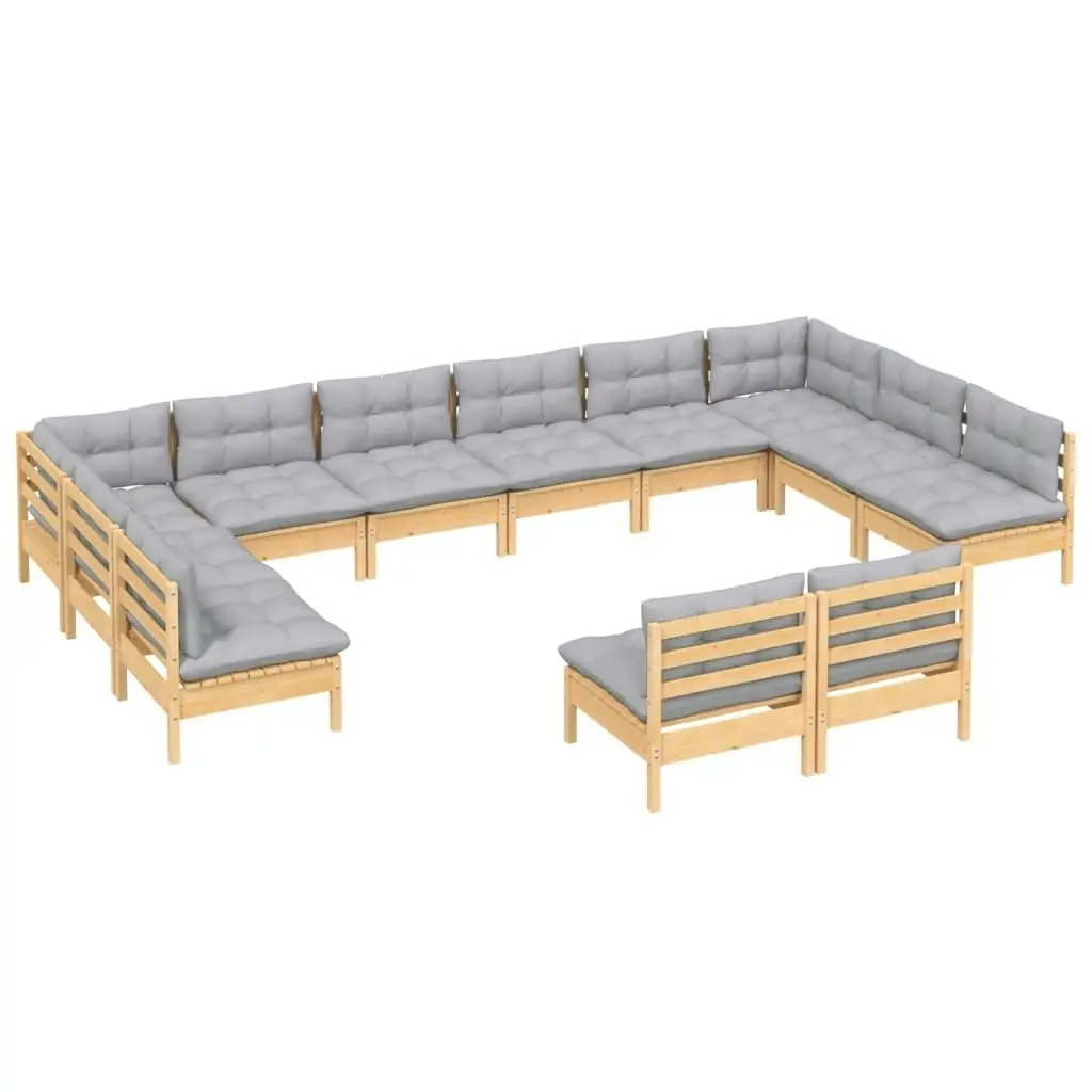 12 Piece Garden Lounge Set with Grey Cushions Solid Pinewood 3097222