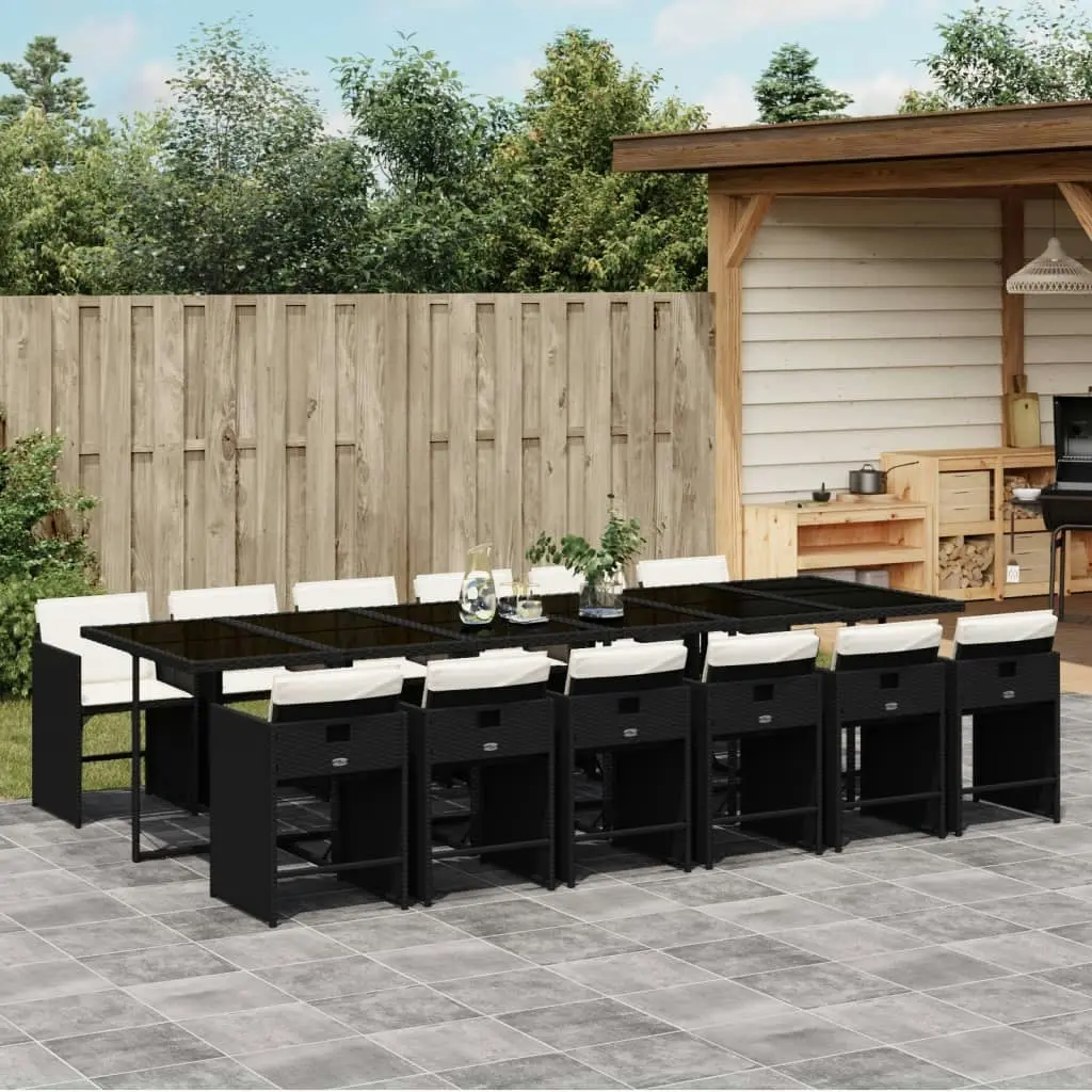 13 Piece Garden Dining Set with Cushions Black Poly Rattan 3211122