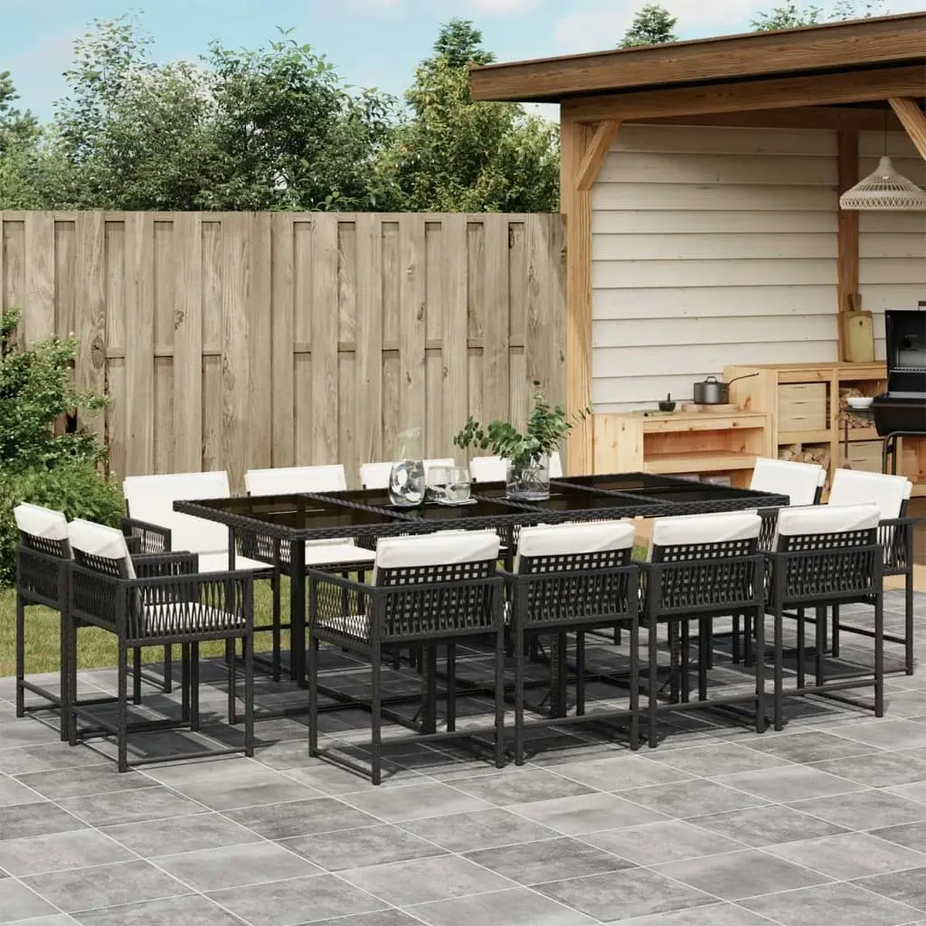 13 Piece Garden Dining Set with Cushions Black Poly Rattan 3211578