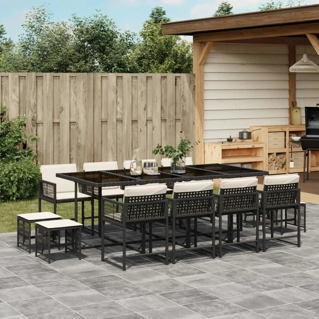 13 Piece Garden Dining Set with Cushions Black Poly Rattan 3211518