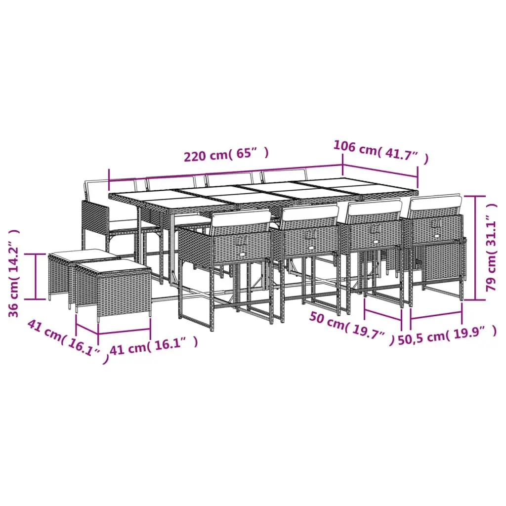 13 Piece Garden Dining Set with Cushions Black Poly Rattan 3211338