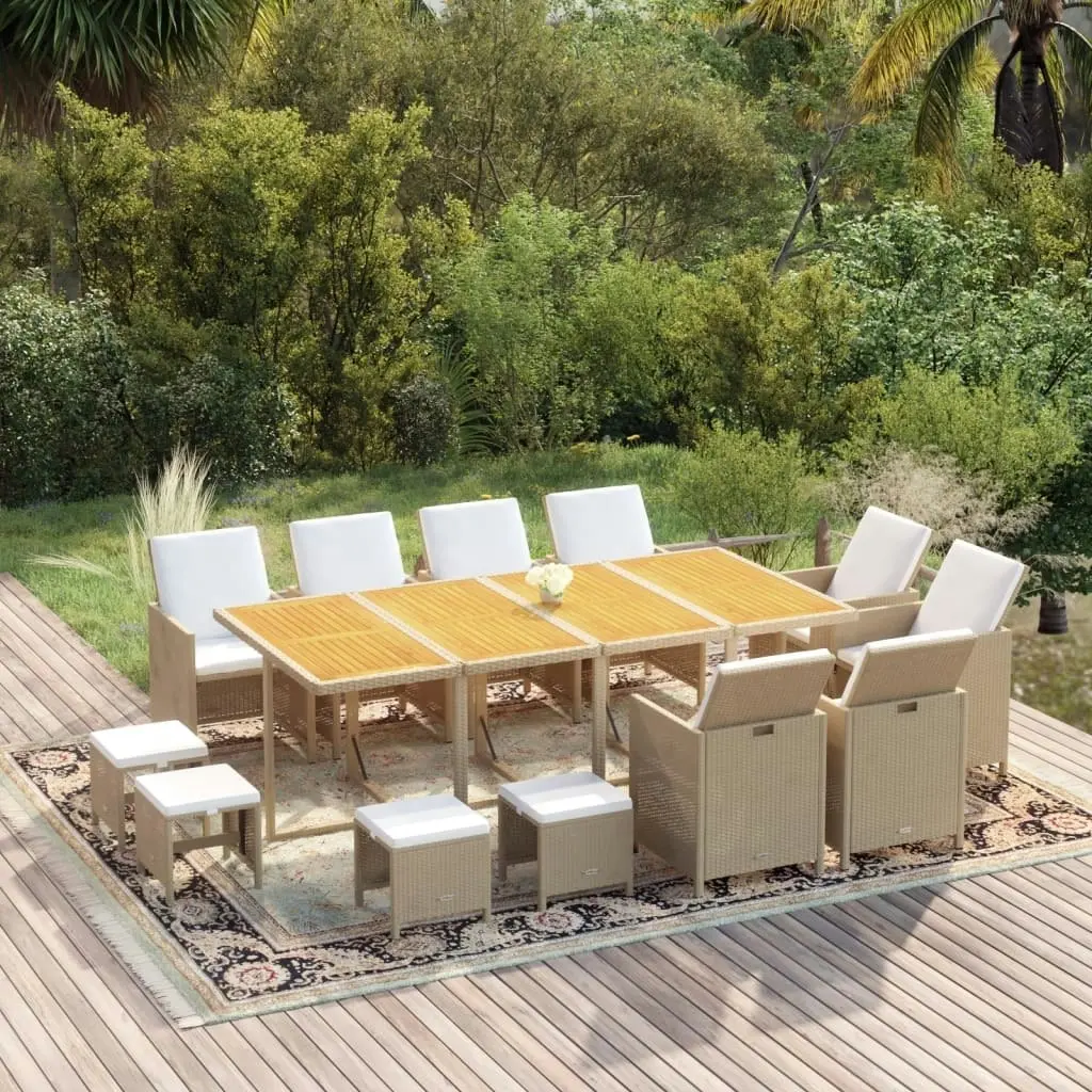 13 Piece Garden Dining Set with Cushions Poly Rattan Beige 3095583