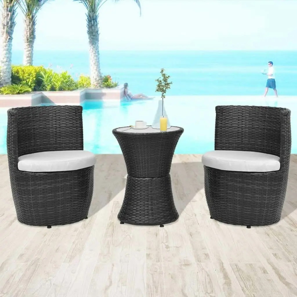 3 Piece Bistro Set with Cushions Poly Rattan Black 43112