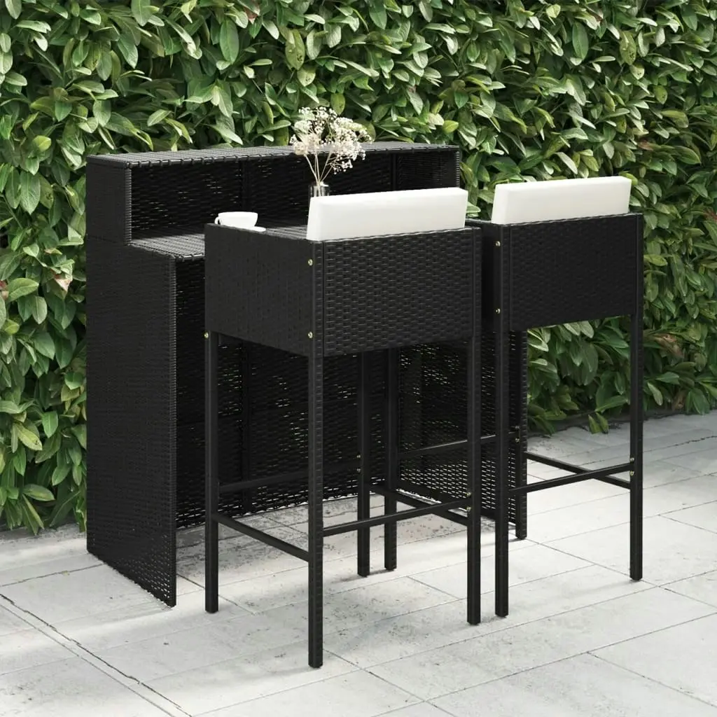 3 Piece Garden Bar Set with Cushions Poly Rattan Black 3094807