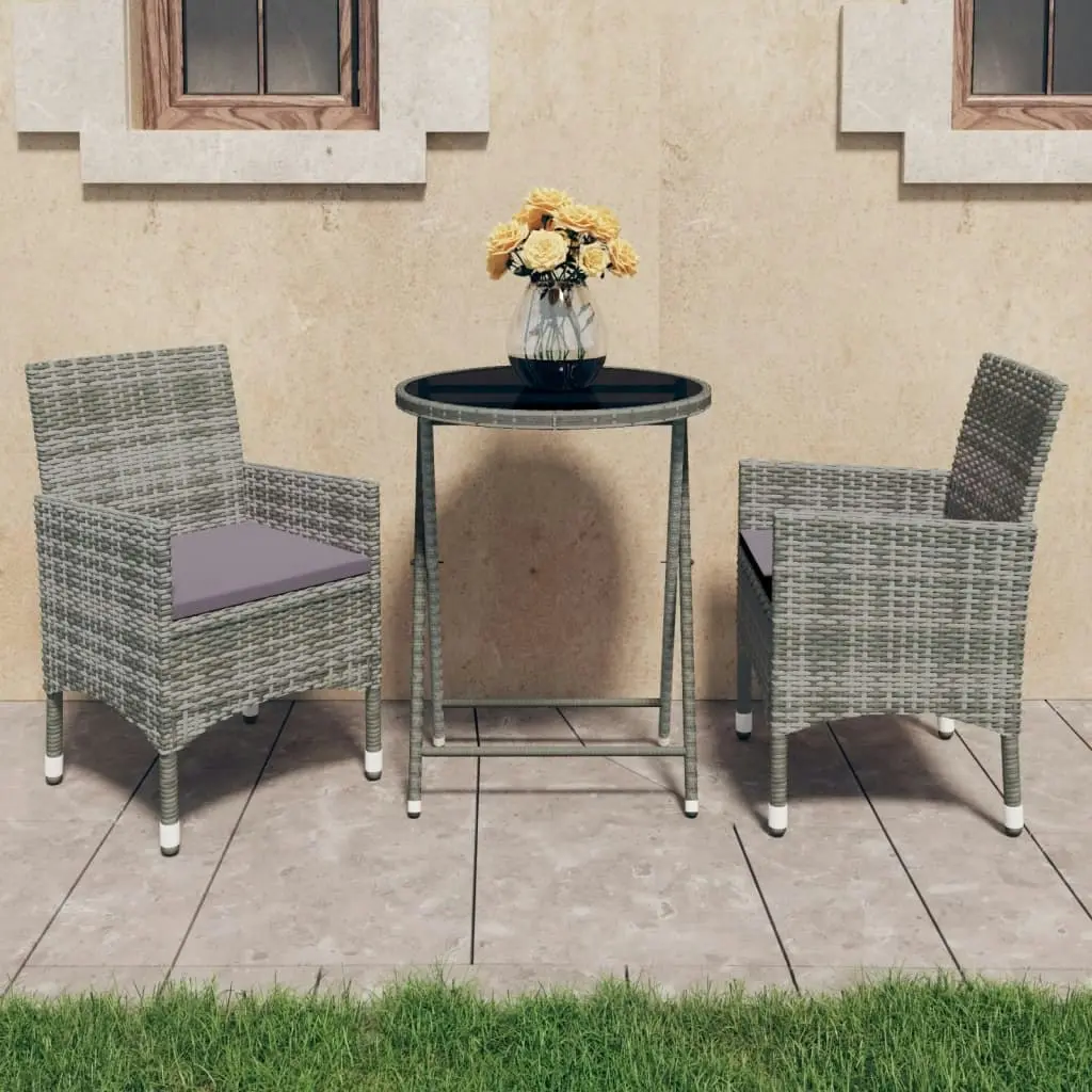 3 Piece Garden Bistro Set Poly Rattan and Tempered Glass Grey 3058379