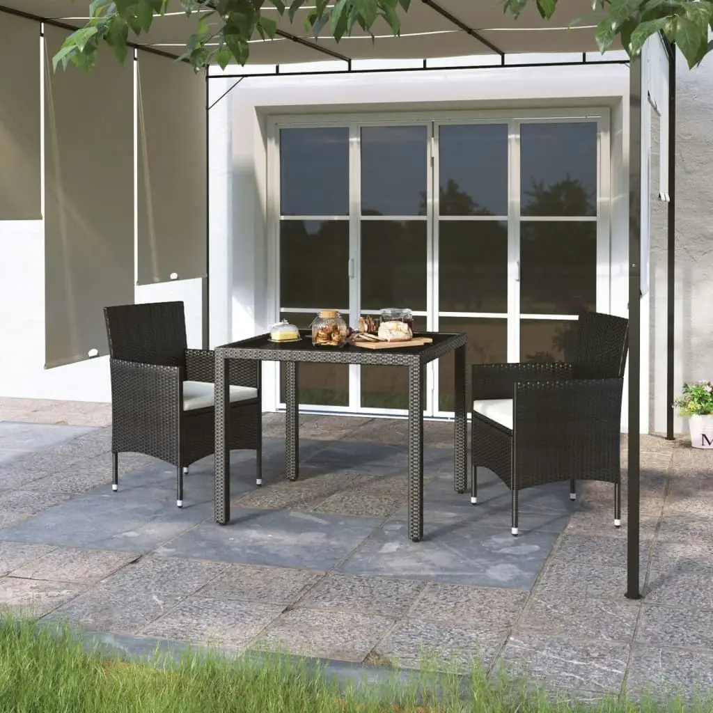 3 Piece Garden Dining Set Poly Rattan and Tempered Glass Black 3058398