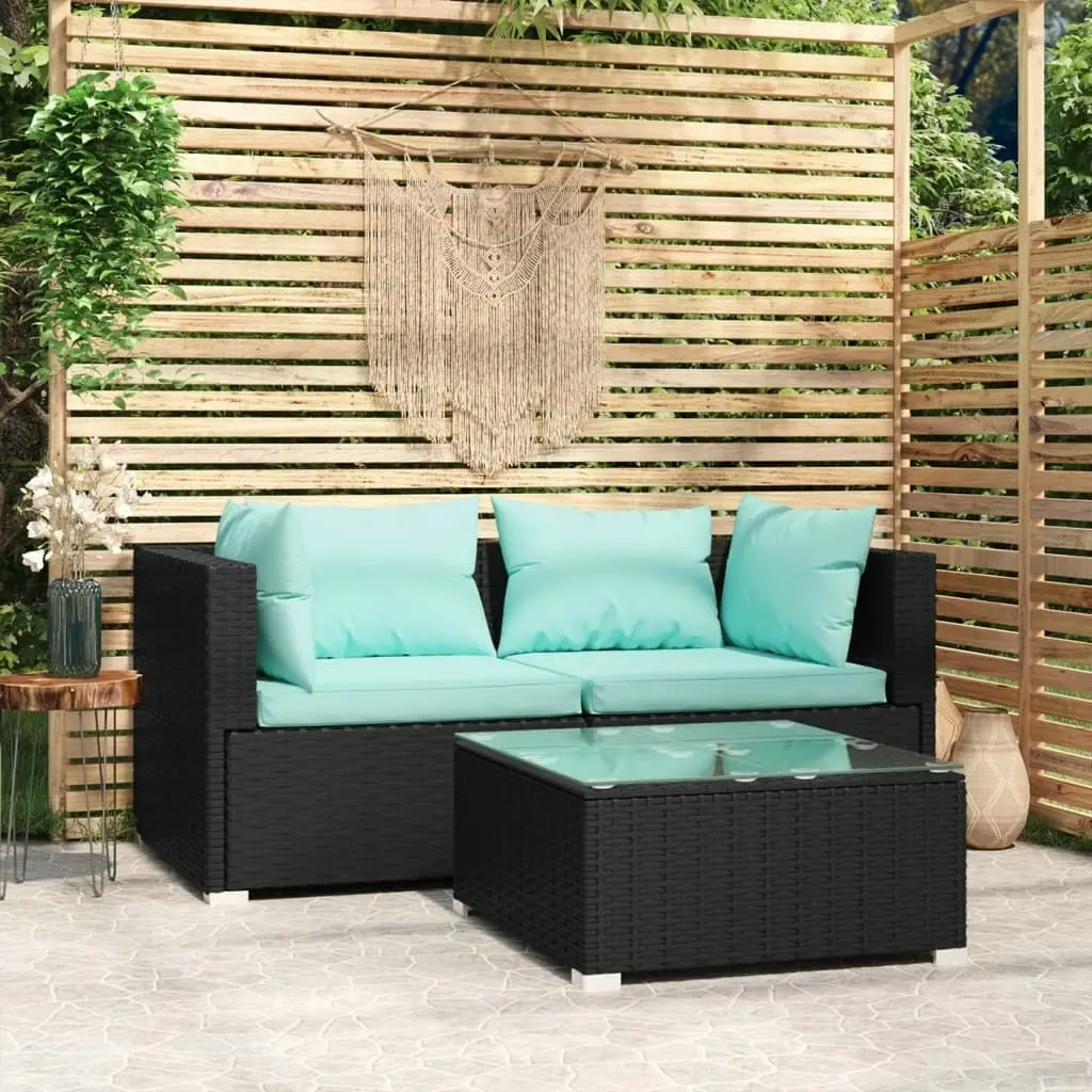 3 Piece Garden Lounge Set with Cushions Black Poly Rattan 317532